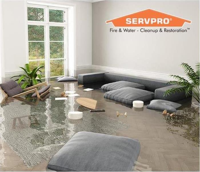 Couch pillows floating in standing water in a flooded living room.